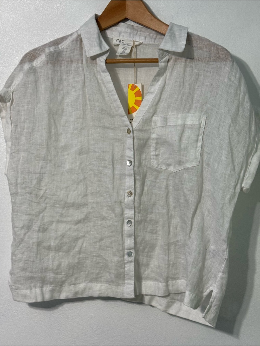 C&C California 100% Linen White Boxy Crop Blouse medium